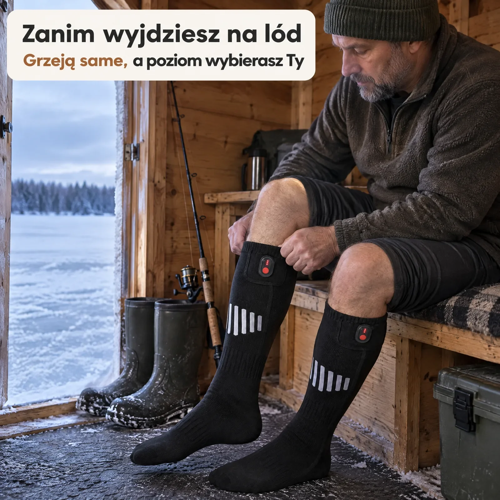 Świt nad zamarzniętym jeziorem w budce wędkarskiej: mężczyzna w profilu podciąga podgrzewaną podkolanówkę na łydce, obok gumowce i wędka