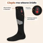 Podkolanówka z boku na jasnym tle, kieszeń z akumulatorem i sterownik w zbliżeniu, trzy etykiety