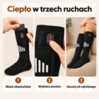 Trzy kadry: dłonie wsuwają akumulator do kieszeni, palec na sterowniku, noga w podkolanówce do kolana
