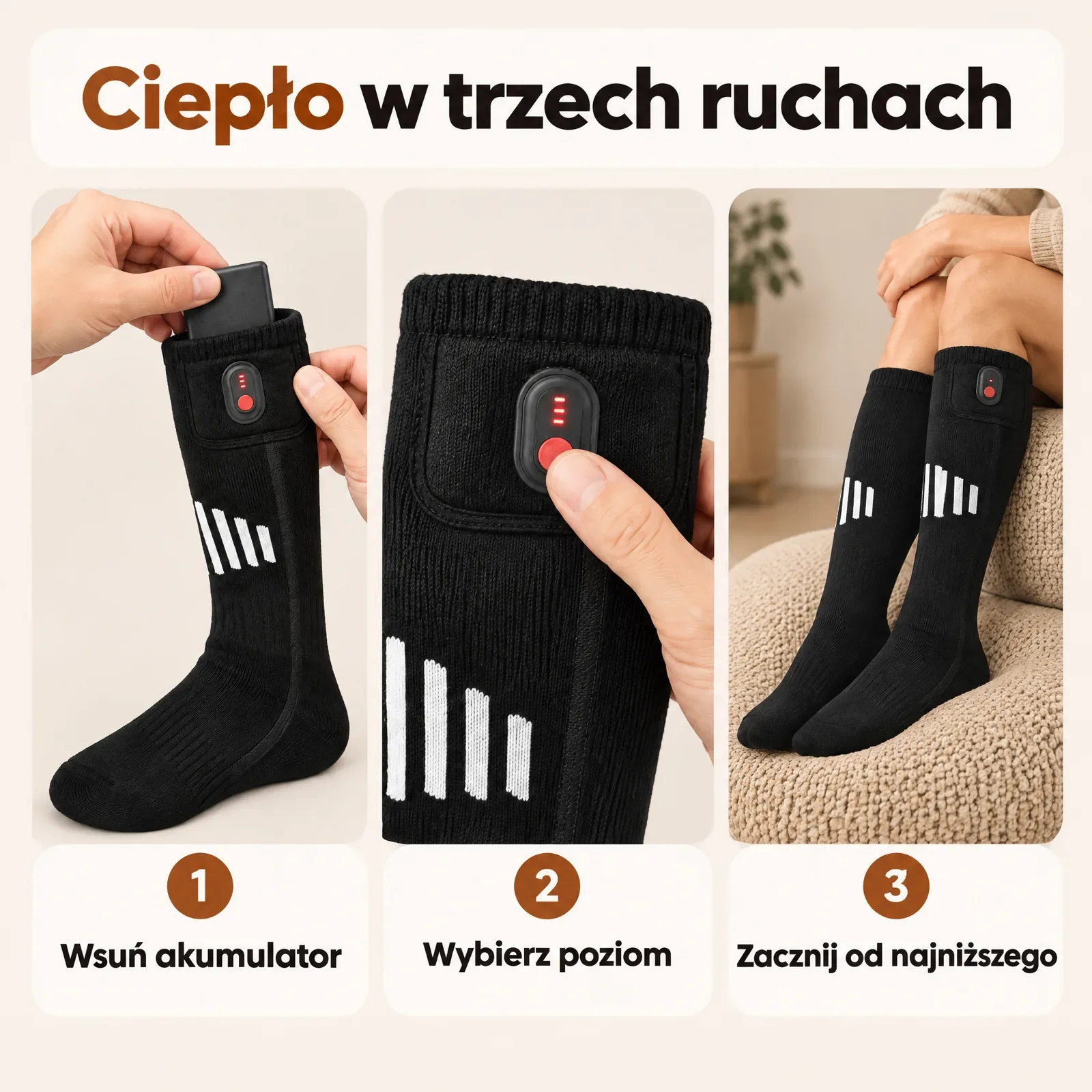 Trzy kadry: dłonie wsuwają akumulator do kieszeni, palec na sterowniku, noga w podkolanówce do kolana