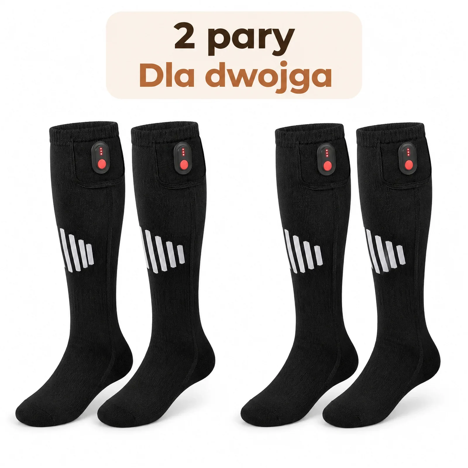 Dwie pary podgrzewanych podkolanówek obok siebie na białym tle